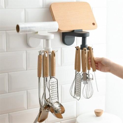 6-in-1 Kitchen Hook 360° Rotating Kitchen Storage Rack With Cutting Board Holder Wall-Mounted 6-Claw Bathroom Hanger for Towel