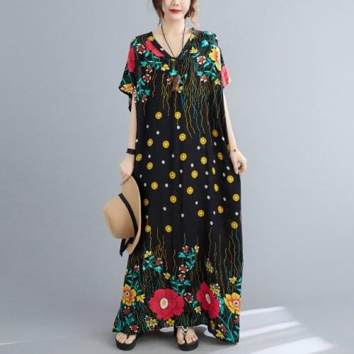 Summer V Neck Women Vintage Flower Floral Casual Loose Maxi Dress Elegant Beach Dress Vestidos Female Bohemian Dresses K1399