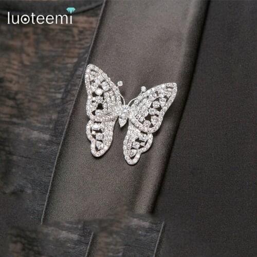 LUOTEEMI Fashion Luxury Beautiful Butterfly Cut with Clear Cubic Zircon Brooch for Briadl Wedding Brooches Dinner Party Jewelry