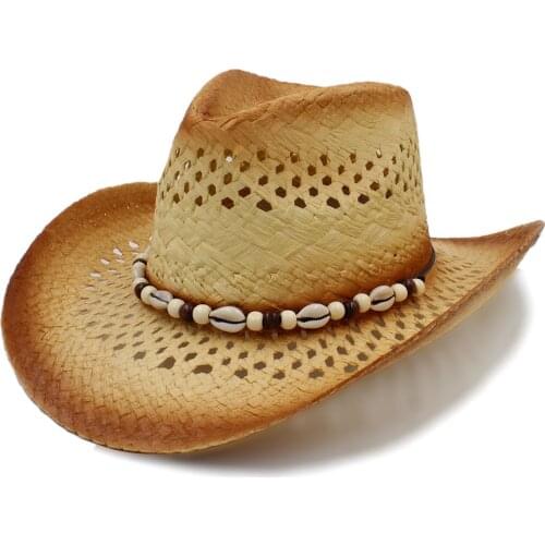 Fashion Women Western Cowboy Hat With Beach shell Band For Lady Straw Beach Sun Sombrero Cowgirl Hat Size 58CM A0119