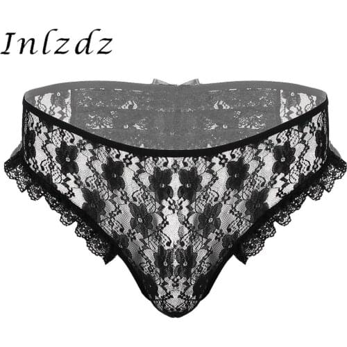 Mens Erotic Sexy Sissy Underwear Sheer Floral Lace Lingerie Low Rise with Elastic Waistband Crotchless G-string Briefs Panties