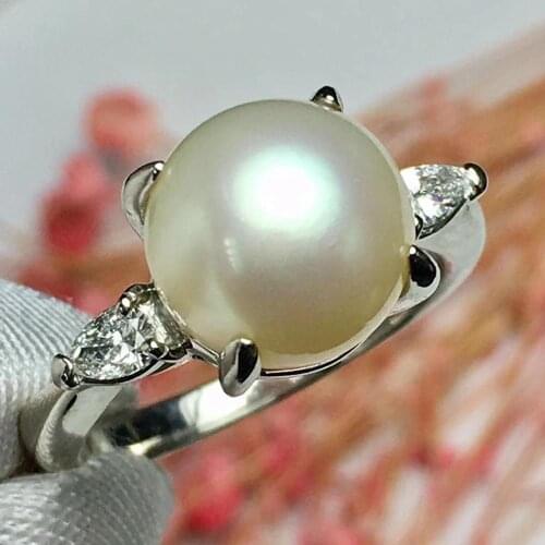 Real Pt850 100% Nature diamonds and Japan Origin Akoya Pearl 9.7mm Females' Fine Rings for Women Fine Jewelry