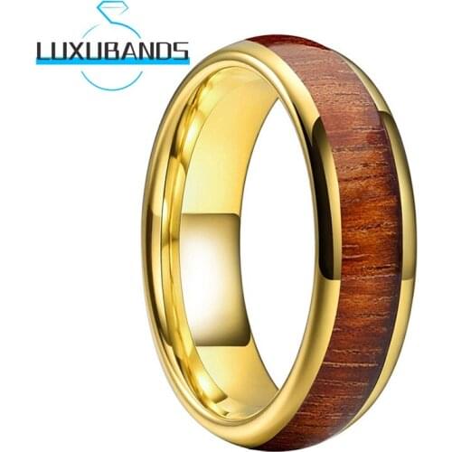 6MM Gold Tungsten Wedding Rings For Men Women Koa Wood Inlay Engagement Bands Polished Finished Comfort Fit