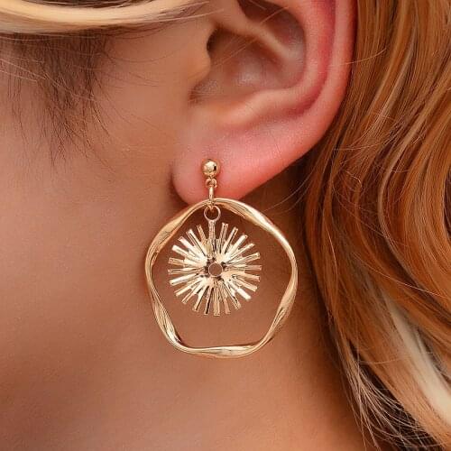 Simple Wave Geometry Hollow Sunflower Circle Matte Golden Silver Plated Dangle Earrings & Drop Earrings for Women