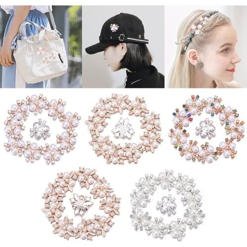 10 Pcs Pearl Rhinestone Flower Buttons Sparkling Crystal Hairpins For Wedding Clothes Apparel Decoration Sewing Hat Accessories