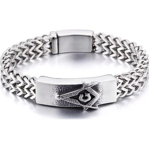 Religious jewelry 316L Stainless Steel figaro chain bracelet Masonic symbols ID Bracelet 15mm x 8.66