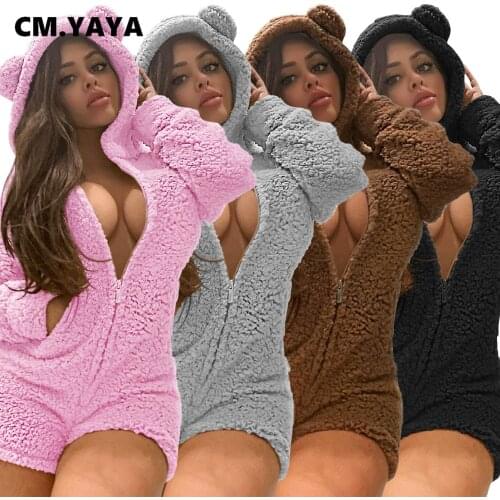CM.YAYA Autumn Winter Homewear Fleece Women Shorts Hooded Zipper Playsuit Sleepwear One Piece Overall Romper Bodysuit