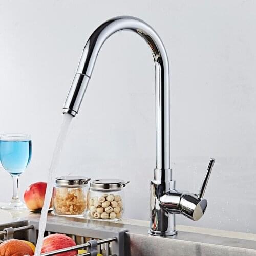 Kitchen Sink Faucets Total Brass Pull Out Chrome Kitchen Mixer Tap Single Handle Hot and Cold Kitchen Crane Tap Rotating Faucet