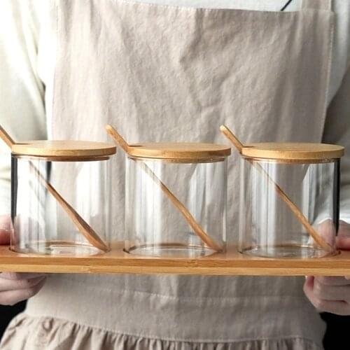 3pcs Glass Seal Cans with Spoon Kit Seasoning Containers Set Glass Seasoning Jars Kit Bamboo Wood Lid Condiment Pot for Home A35