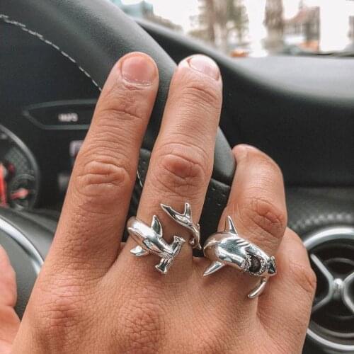 Vintage Simple Punk Shark Animal Adjustable Finger Rings Set Retro Great White Shark Opening Rings for Women Men Boho Jewelry