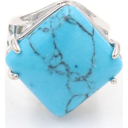 YJXP Silver Plated Rhombus Shape Adjustable Finger Blue Turquoises Stone Ring Engagement Jewelry