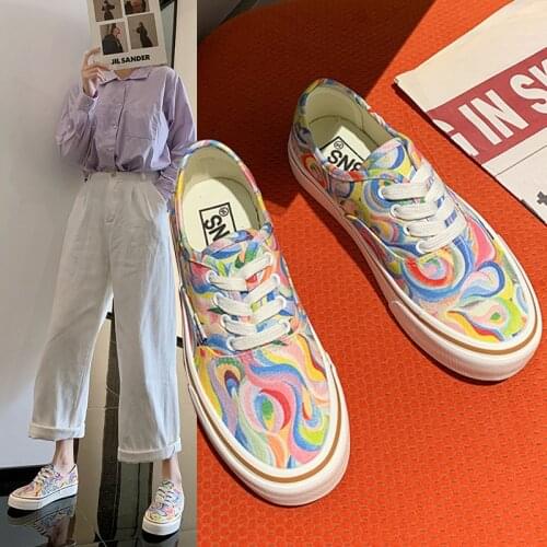 Large Size 43Hand-painted Graffiti Canvas Shoes Women 2021 Korean Casual Street Clapper Shoes European Style Flat Shoes Women