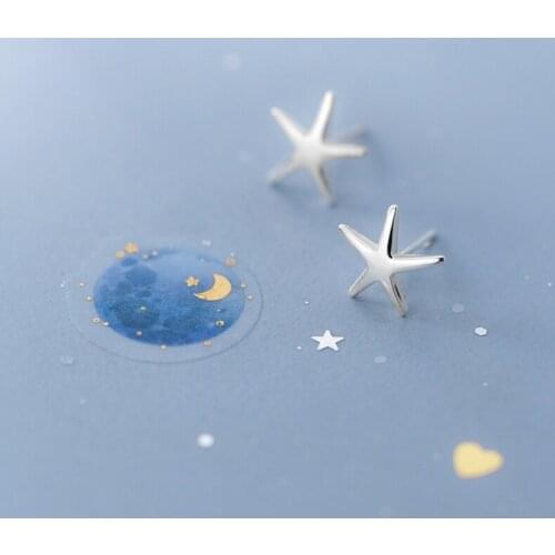 Genuine 925 Sterling Silver Sweet Smooth Surface Star Starfish Stud Earrings For Women Wedding Jewelry Gift DS2200