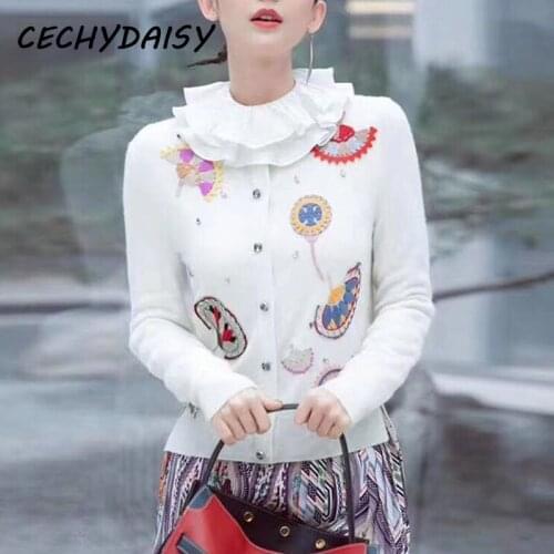 Sweater women autumn Runway winter 2021 embroidery dandelion flower full sleeve elegant fashion Knitted coat mujer suéteres ropa