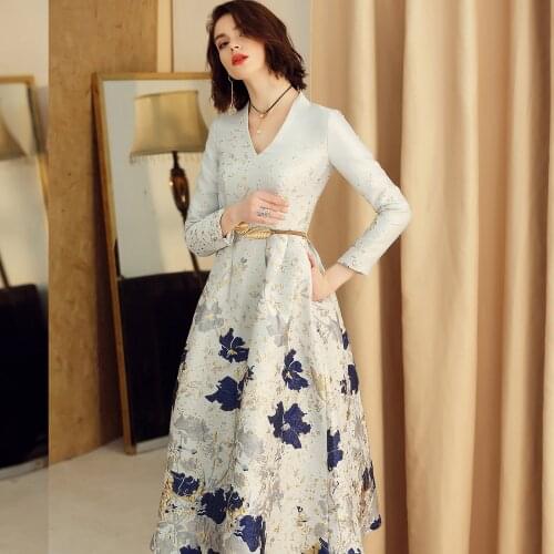 2021 Spring Fall Women V Neck Glitters Dobby Floral High Waisted Long Dress , Woman Autumn Slim 3xl Full Sleeve Dresses