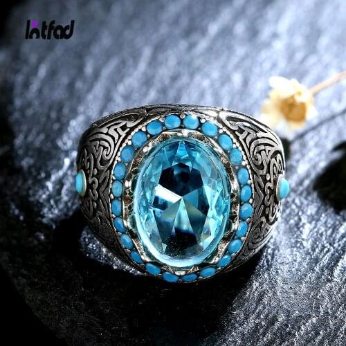 925 Sterling Silver Ring for Men Women Blue Zircon Finger Ring Vintage Fine Jewelry Aquamarine Gemstone Jewelry Gift
