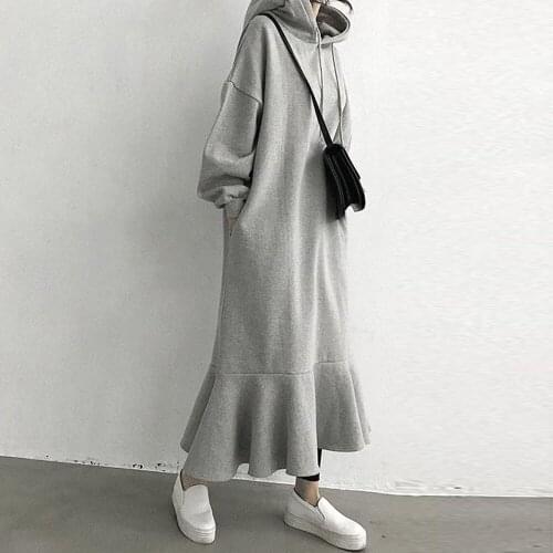 Hoodie Dress For Women With Hooded Simple Stylish Loose Midi Dress Korean Fleece Warm Sweatshirts Long Sleeve Ruffle Fall Hot