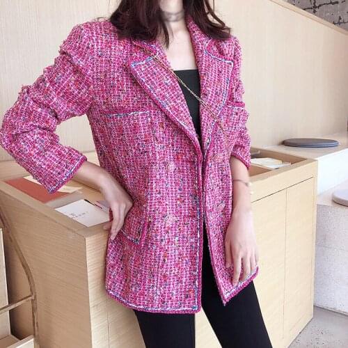 High quality 2020 autumn winter women oversize lapel double breasted tweed coats rose red pockets female casua tweed blazer y746