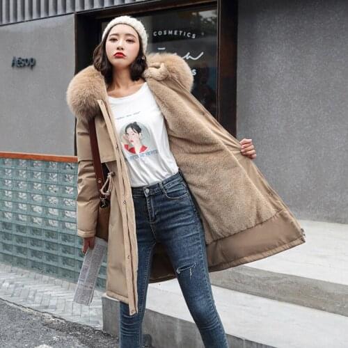 Winter Woman Jackets Parkas Pockets Fur Collar Winter Coat Women Long Hooded Parka Cotton Liner Coat Plus Size Ropa De Mujer