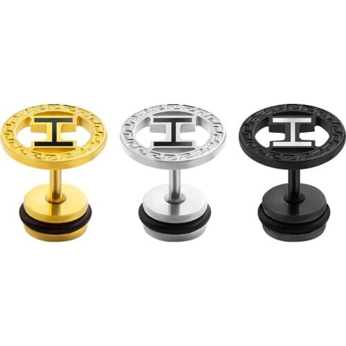 1 Pair Hiphop Rock Round Wall Lines Earring Stud Chinese Chractor Surgical Steel Stud Earrings Punk Stud Earrings Brincos