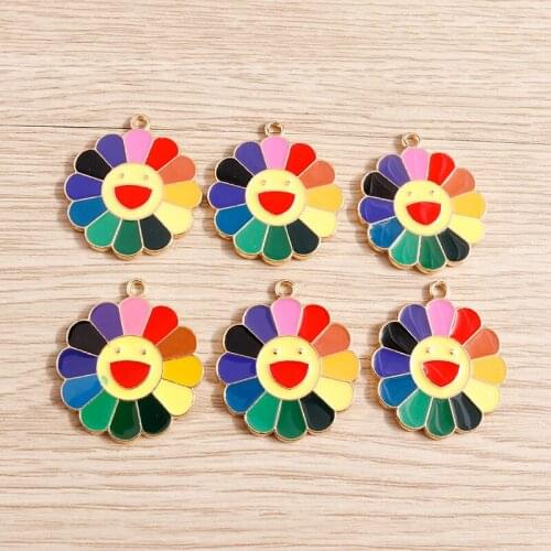 10pcs 26*30mm Enamel Smile Sunflower Charms for Jewelry Making Fashion Drop Earrings Pendants Necklaces Keychain DIY Crafts Gift