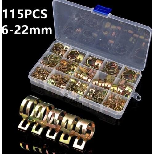 115PCS Spring Band Type Fuel Vacuum Hose Silicone Pipe Tube Clamp Clip Zinc Plated Clamps 6-22mm Assortment Kit
