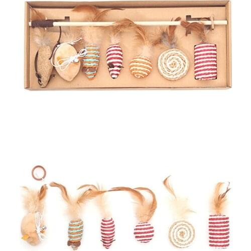 7PCS Pet Cat The Dangle Faux Mouse Feather Rod Roped Funny Fun Playing Toy Funny Fishing Rod Game Wand Feather Stick Toy For cat
