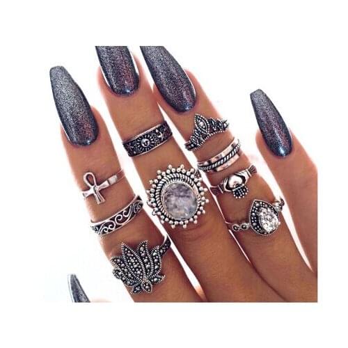 9Pcs/Set Unique Gypsy Vintage color Metal Rhinestone Midi Knuckle Finger Ring Sets for Women Boho Party Turkish Bijoux Jewelry