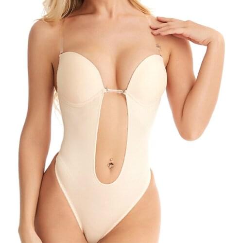 Bodysuit Shapewear Deep V-Neck Body Shaper Backless U Plunge Thong Shapers Waist Trainer Women Clear Strap Padded Push Up Corset