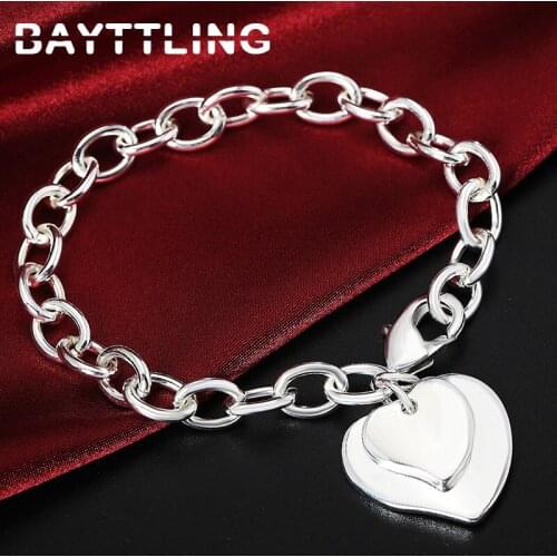 BAYTTLING 925 Sterling Silver 8 Inch Glossy 2 Peach Heart Pendant Bracelet For Woman Man Fashion Wedding Jewelry Charm Gift