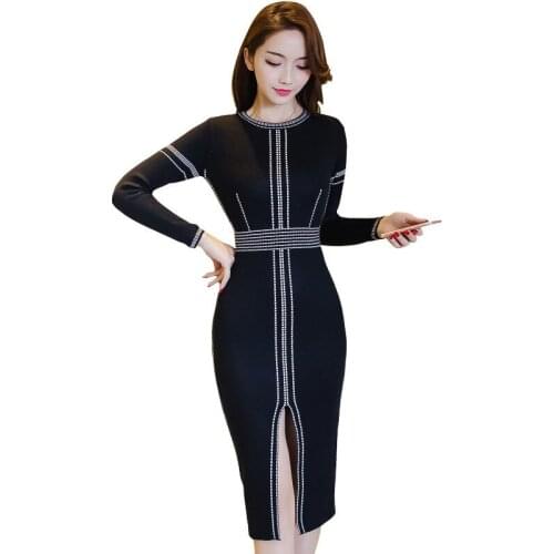 Black Knit Dress Womens Autumn Winter Womens Clothing New Trendy all-Matching Dresses Mid-Length Over The Knee Bottoming Dress