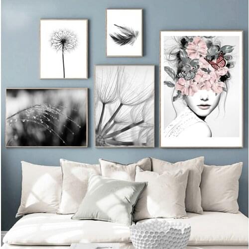 Home Decorative Prints Painting Reed Dandelion Feather Girl Pictures Wall Art Modular Canvas Poster Bedside Background