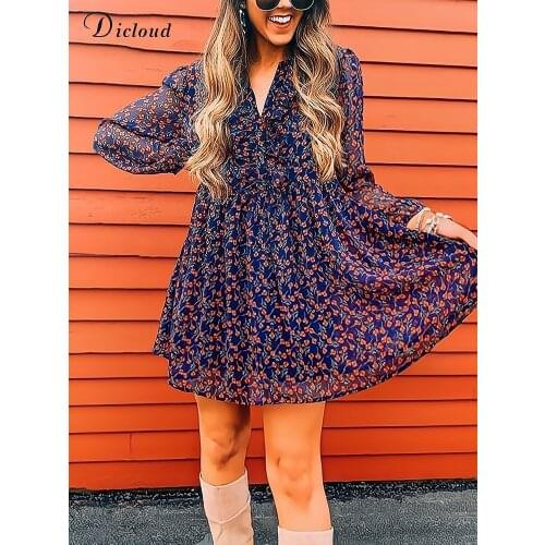 DICLOUD Blue Woman Dresses V Ruffles Neck Floral Long Sleeve Elegant High Street Ladies New Print 2021 Fashion Loose Fit Dress