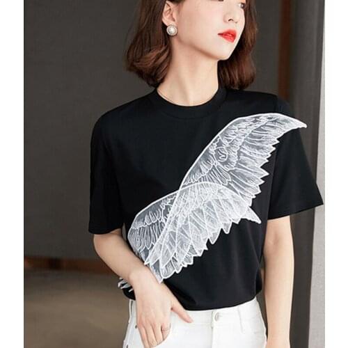 Korean O Neck Cotton Casual Loose wing Embroidery Vintaget t-shirt black Short Sleeves 2021 New Female Women Tshirts 122C