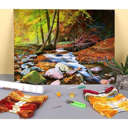 Landscape Autumn In The Woods Printed Canvas 11CT Cross-Stitch Embroidery Set DMC Threads Hobby Needlework Knitting Design