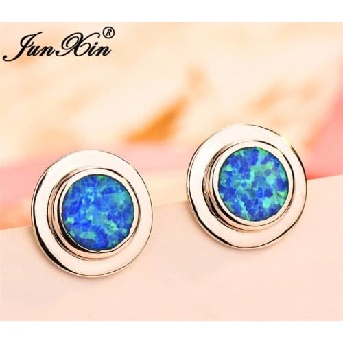 JUNXIN Silver Color Round Stud Earrings For Women Blue White Fire Opal Earrings Female Wedding Piercing Jewelry