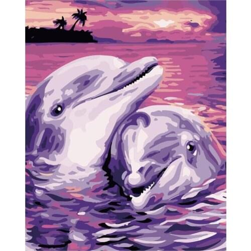 Painting By Numbers DIY Dropshipping 40x50 50x65cm Red background two dolphins Animal Canvas Wedding Decoration Art picture Gift
