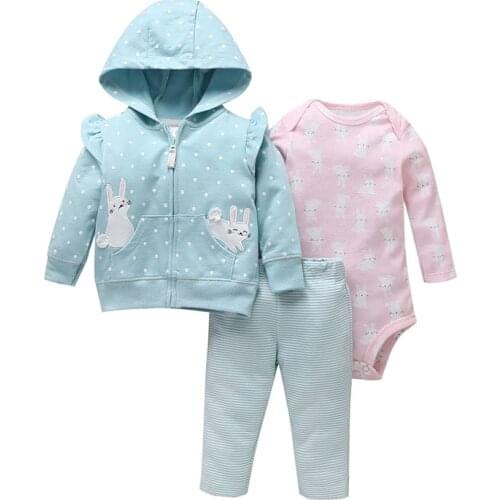 Infant 0-2Y Baby Boy girl 3 Pieces Sets Carted Rabbit Hooded Coat+Long Sleeves Bodysuit+Pants,Baby Autumn and Winter Suit Set