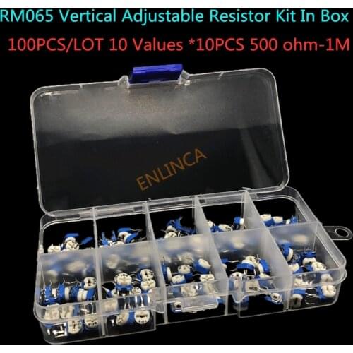 100PCS/LOT 10 Values *10PCS RM065 Vertical Adjustable Resistor Kit In Box 500 ohm-1M ohm Multiturn Trimmer Potentiometer Set