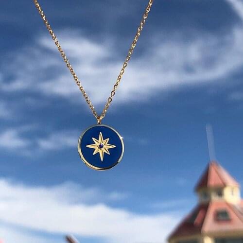 YUN RUO Fashion Blue Enamels Polaris Pendant Necklace Yellow Gold Color Titanium Steel Jewelry Woman Birthday Gift Never Fade