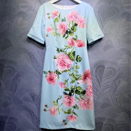 Summer 2021 Runways floral print womens pencil dress High quality elegant short sleeves dress C781