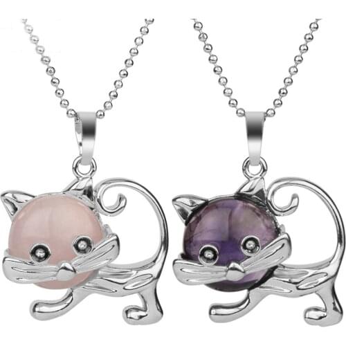 Cute Cat Natural Stone Crystal Pendant Necklace Jewelry with Chain Multi Colors for Options