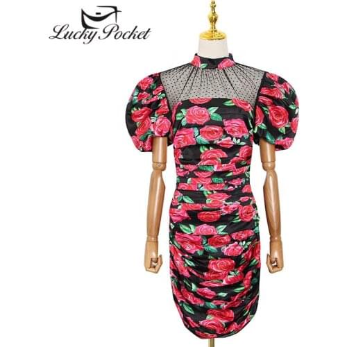 Women Summer Sexy Net Yarn Floral Print A-Line Mini Dress Female Slim High Quality Lantern Sleeve Dresses Ladies Vestidos ML128