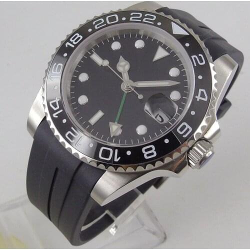 40MM Sterile Dial Sapphire Crystal Seeing Case Back Rubber Ceramic Bezel GMT Date Automatic Mens Wristwatch
