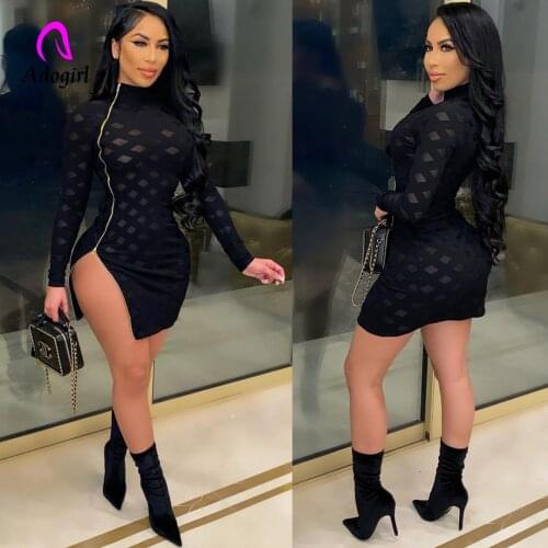 Sexy Hollow Out Women Slit Mini Dress 2021 Spring Side Zipper Mock Neck Bandage Vestidos Sheer Night Club Party Bodycon Outfits