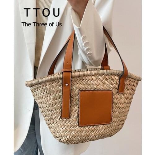 Weave Straw Womens Shoulder Bags 2021 Summer Designer Contrast Color Female Tote Bags Travel Beach Ladies Straw Handbags Purses