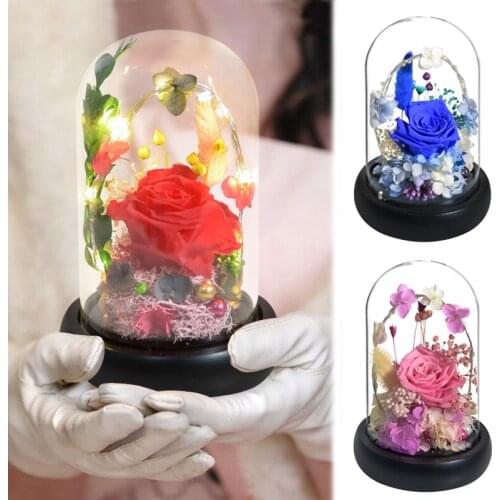 Preserved Rose In Glass Dome Eternal Love Flower LED Light Lamp Romantic Gifts for Wedding Birthday Valentine Christmas Decor
