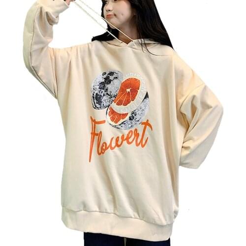 Spring Autumn Thin Hoodies Women Sweatshirt Coat Orange Letter Lemon Fruit Harajuku Long Sleeve Loose Pullover Black