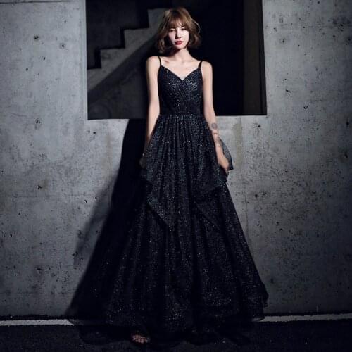 Evening Dress Long Noble Black Spaghetti Strap Zipper Shining Sequin Party Formal Evening Gown Toast Clothing Plus Size Dress
