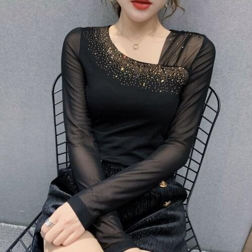 2021 Spring New Women Tops Fashion Hot Drilling Gauze Long Sleeve T-shirt Elegant Slim Plus Size Female Tees Blusas